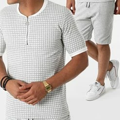 Acheter 🧨 Ensemble Tee 👕 Shirt Short A Carreaux 157T Gris Blanc de Classic Series 😀