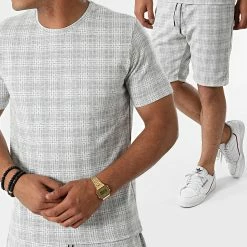 Vente flash ✨ Ensemble Tee 👚 Shirt Short A Carreaux 156T Gris de Classic Series ❤️