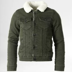 Promo 👍 Veste Jean Col Mouton Enfant K-3006 Vert Kaki de Classic Series 🔥