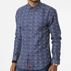 Bon marché 🔥 Chemise A Manches Longues Slim5028 Bleu Roi Beige Floral de Classic Series 😍