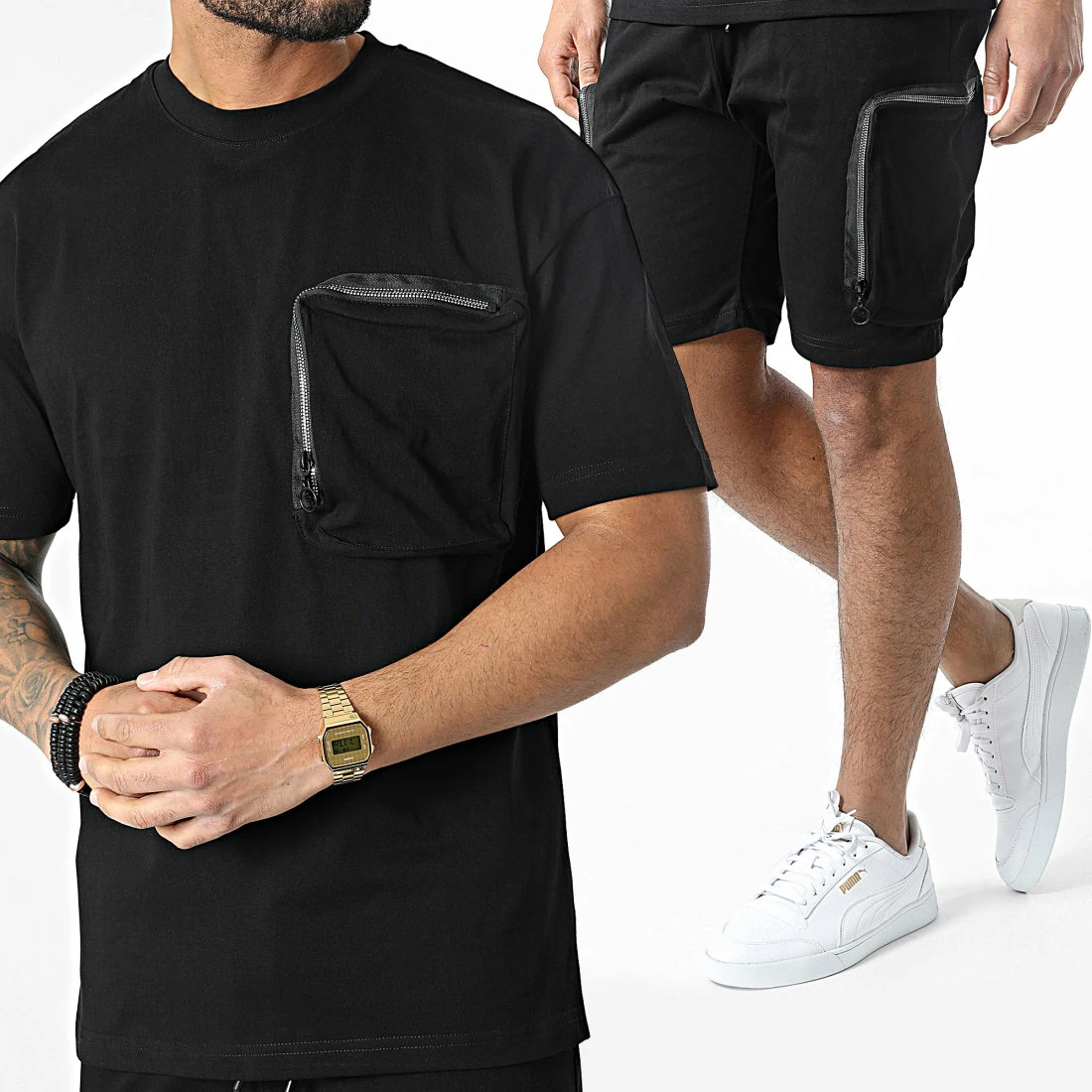 De gros 🧨 Ensemble Tee 👚 Shirt A Poche Poitrine Et Short Jogging G22-632 Noir de Classic Series 🤩 3 De gros 🧨 Ensemble Tee 👚 Shirt A Poche Poitrine Et Short Jogging G22-632 Noir de Classic Series 🤩