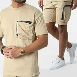 Grosses soldes 👏 Ensemble Tee 👕 Shirt A Poche Poitrine Et Short Jogging G22-632 Beige de Classic Series 👍