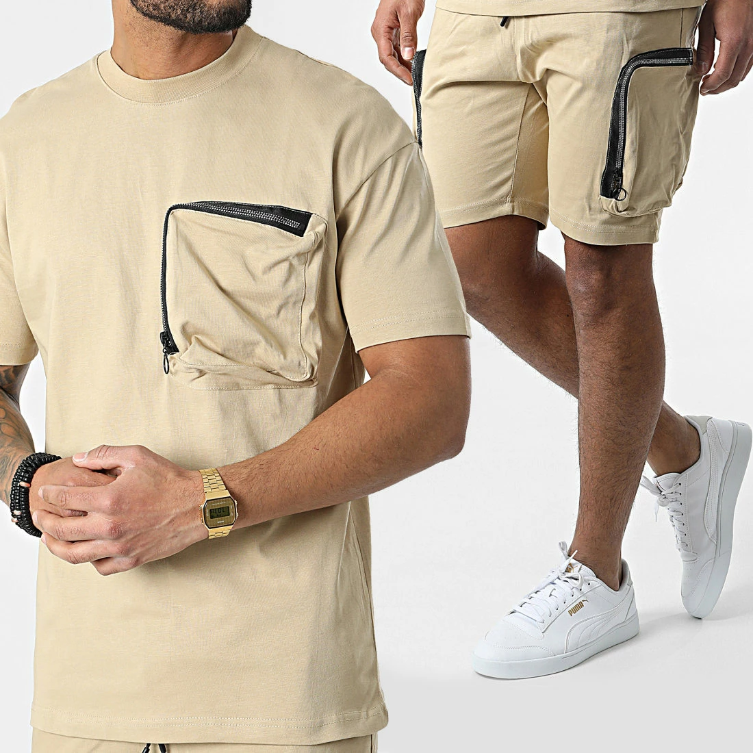 Grosses soldes 👏 Ensemble Tee 👕 Shirt A Poche Poitrine Et Short Jogging G22-632 Beige de Classic Series 👍 3 Grosses soldes 👏 Ensemble Tee 👕 Shirt A Poche Poitrine Et Short Jogging G22-632 Beige de Classic Series 👍