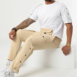 De gros ⌛ Ensemble Tee 👚 Shirt Pantalon Cargo F22-907T Beige Blanc de Classic Series 🌟