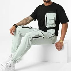 Coupon 🤩 Ensemble Tee 👕 Shirt Poche Et Pantalon Jogging F22-908T Noir Turquoise de Classic Series 🧨