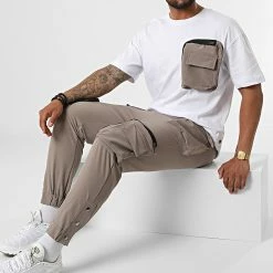 Top 10 💯 Ensemble Tee 👚 Shirt Poche Et Pantalon Jogging F22-909T Taupe Blanc de Classic Series 🔔