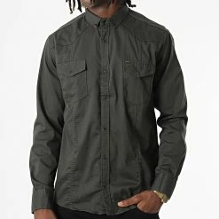 De gros 🤩 Chemise Manches Longues Col Mao W-324 Vert Foncé de Classic Series ✨