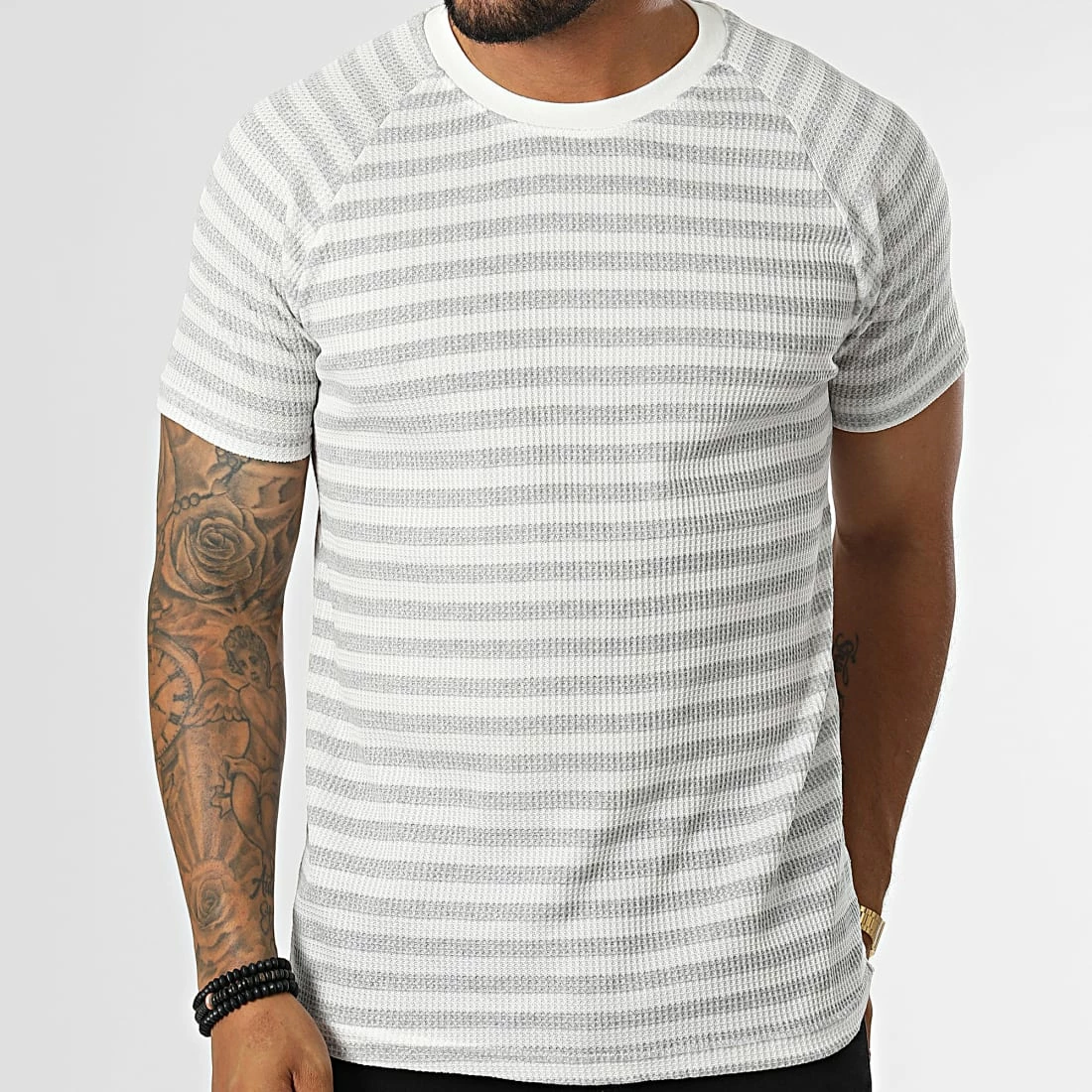 Grosses soldes ✨ Tee 👚 Shirt A Rayures LM283 Gris Blanc de Classic Series 🎁 5 Grosses soldes ✨ Tee 👚 Shirt A Rayures LM283 Gris Blanc de Classic Series 🎁 – Image 3