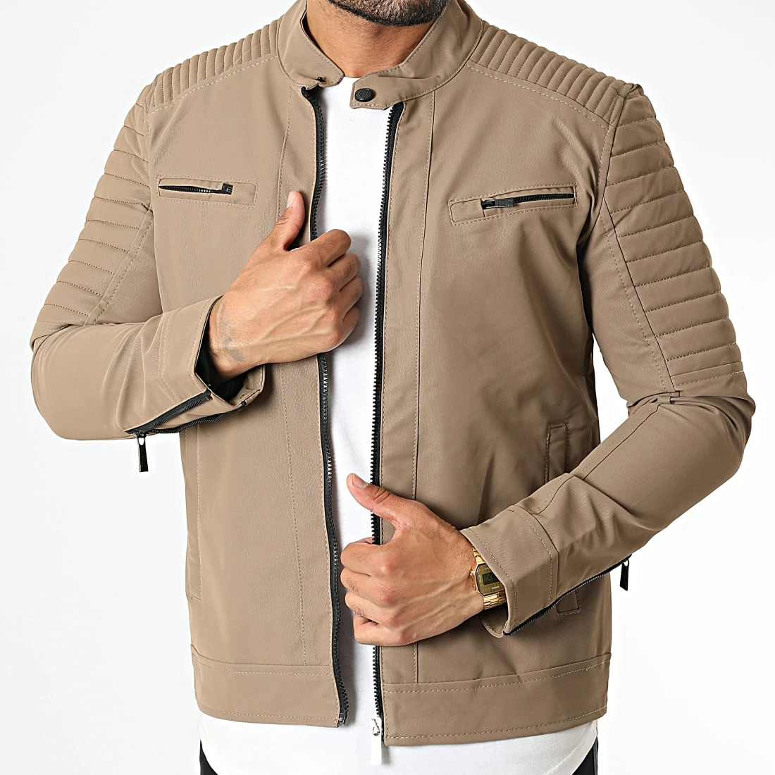 Meilleure affaire 🔔 Veste Biker 117 Marron Taupe de Classic Series ✨ 3 Meilleure affaire 🔔 Veste Biker 117 Marron Taupe de Classic Series ✨