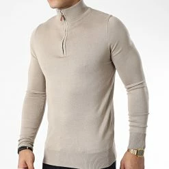 Promo 🌟 Pull Col Zippé J666 Beige de Classic Series 🛒