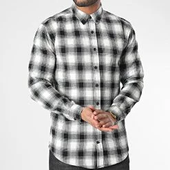 Bon marché 🛒 Chemise Manches Longues A Carreaux 10022 Blanc Noir de Classic Series 😀
