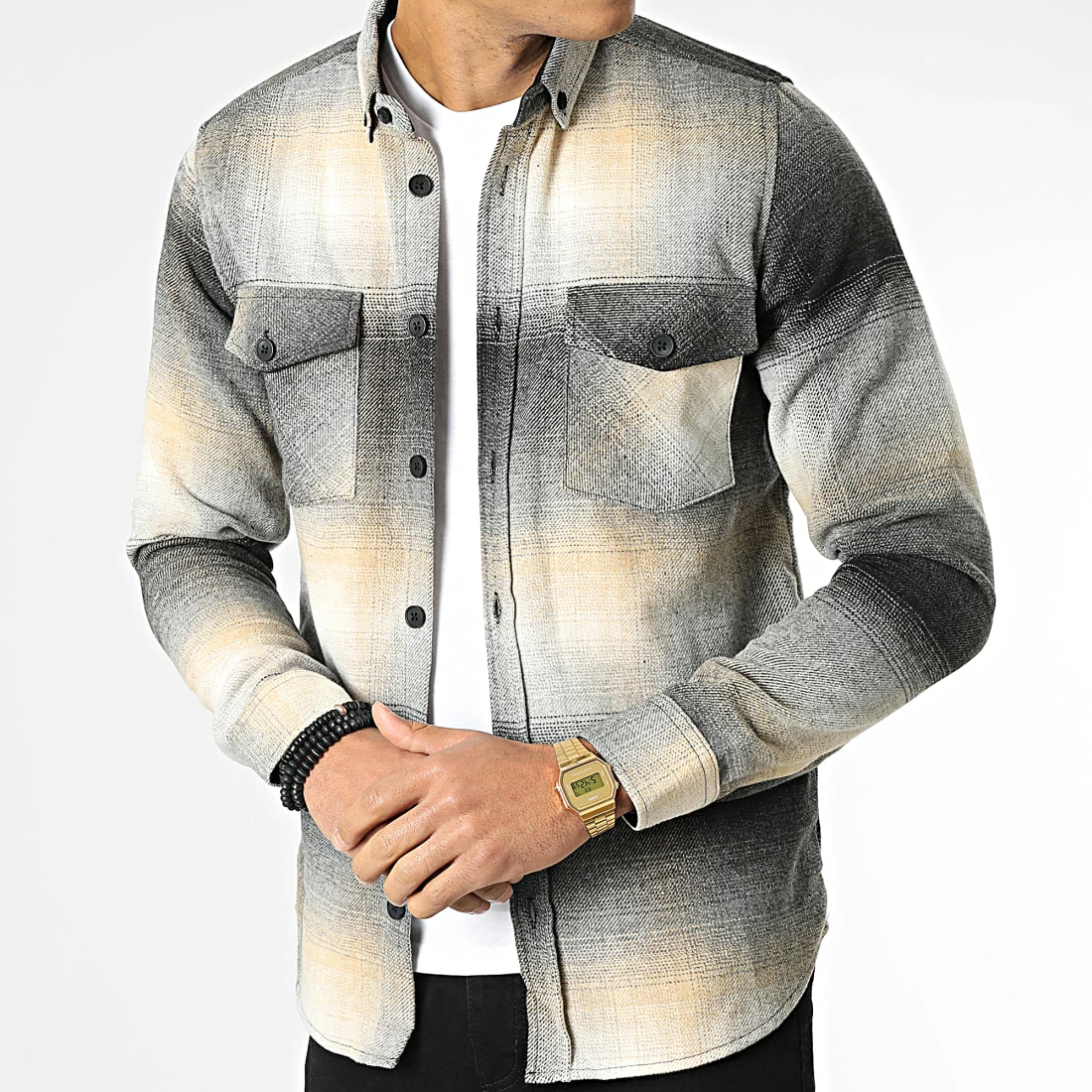 Promo ❤️ Surchemise Carreaux Y-2042 Beige Noir de Classic Series ❤️ 3 Promo ❤️ Surchemise Carreaux Y-2042 Beige Noir de Classic Series ❤️