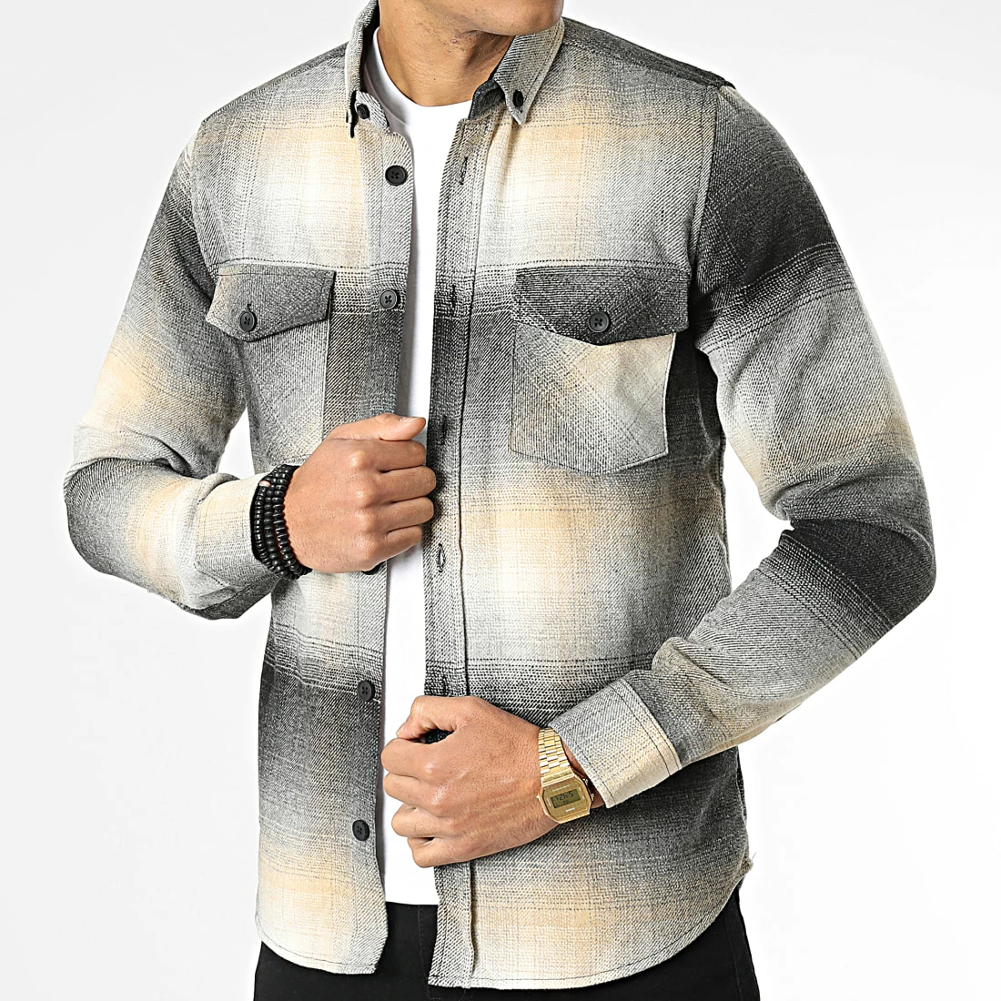 Promo ❤️ Surchemise Carreaux Y-2042 Beige Noir de Classic Series ❤️ 5 Promo ❤️ Surchemise Carreaux Y-2042 Beige Noir de Classic Series ❤️ – Image 3